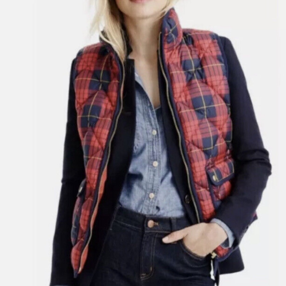 J Crew Excursion Puffer Down Vest Tartan Buffalo Plaid Red Navy, Size XXS